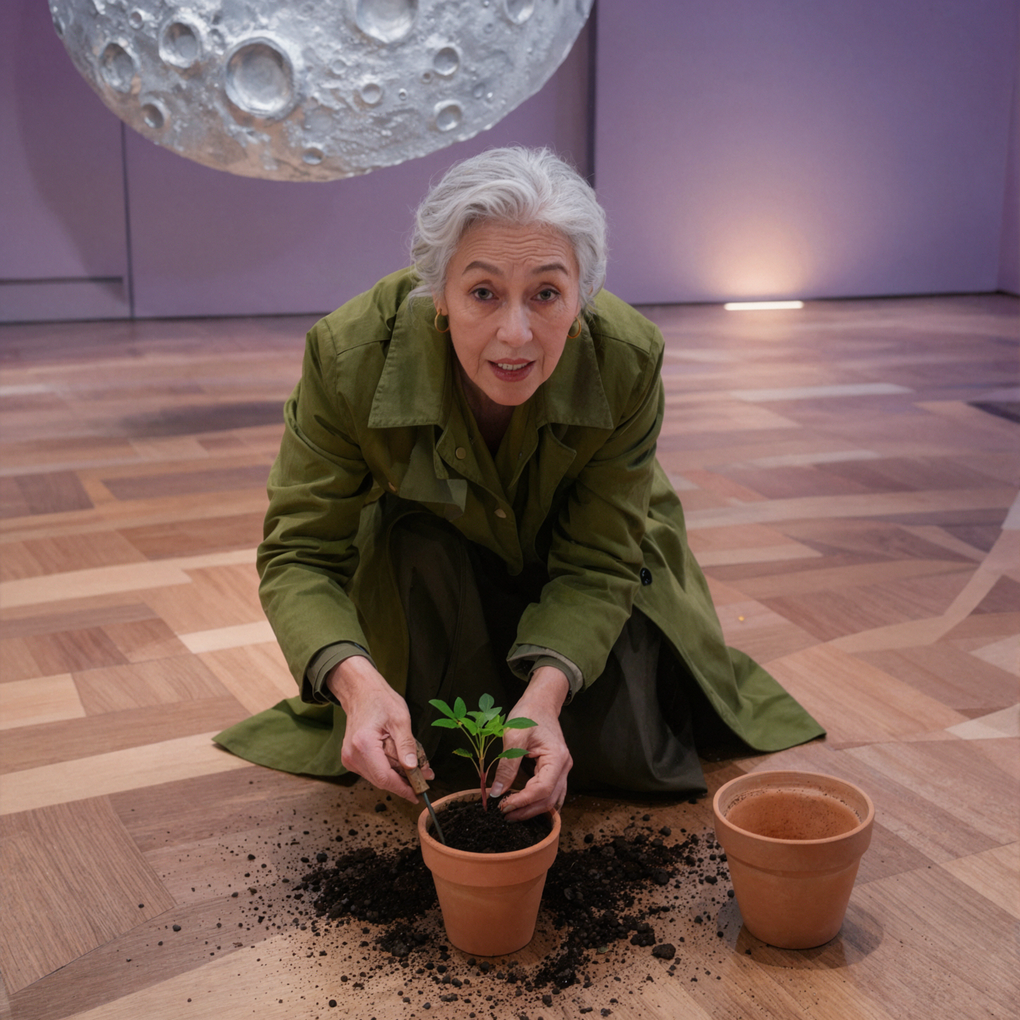 Silver-haired adult woman botanist · Greenhouse transplanting · Medium format texture