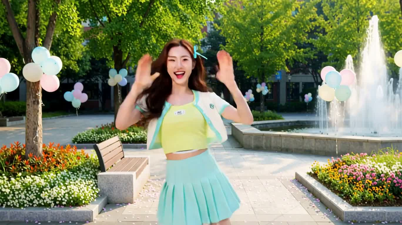 校园喷泉旁的元气舞步 — AI video creation