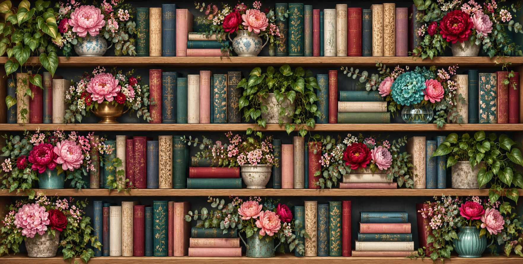 俯瞰繁花簇拥的绚丽书架 — AI image creation