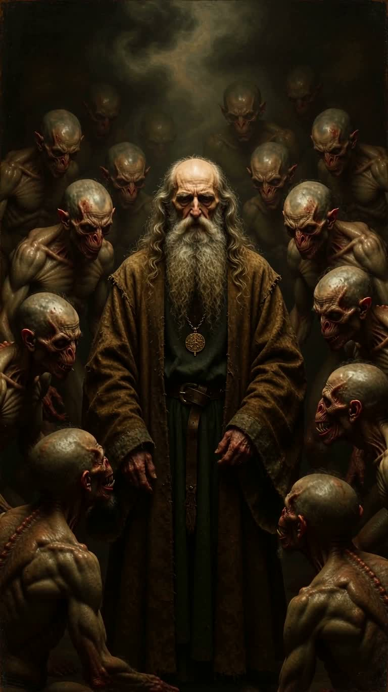 Aging Wizard Surrounded by Demons