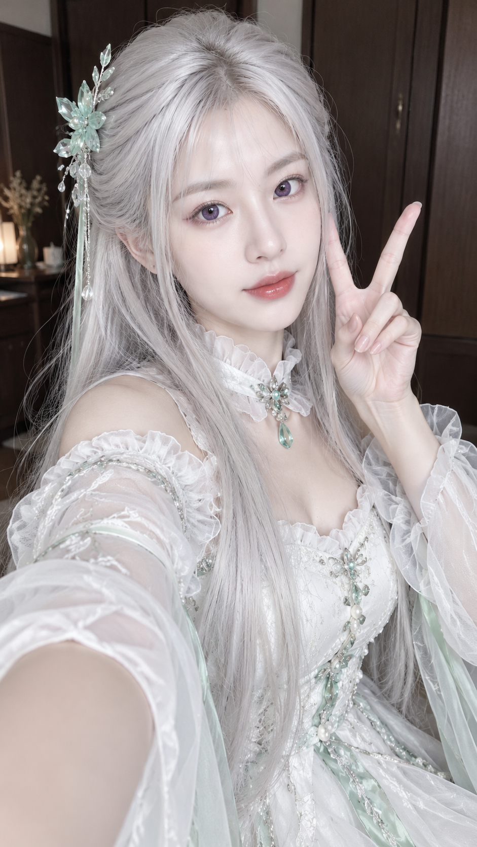 银白长发薄荷水晶饰件日系Cosplay自拍