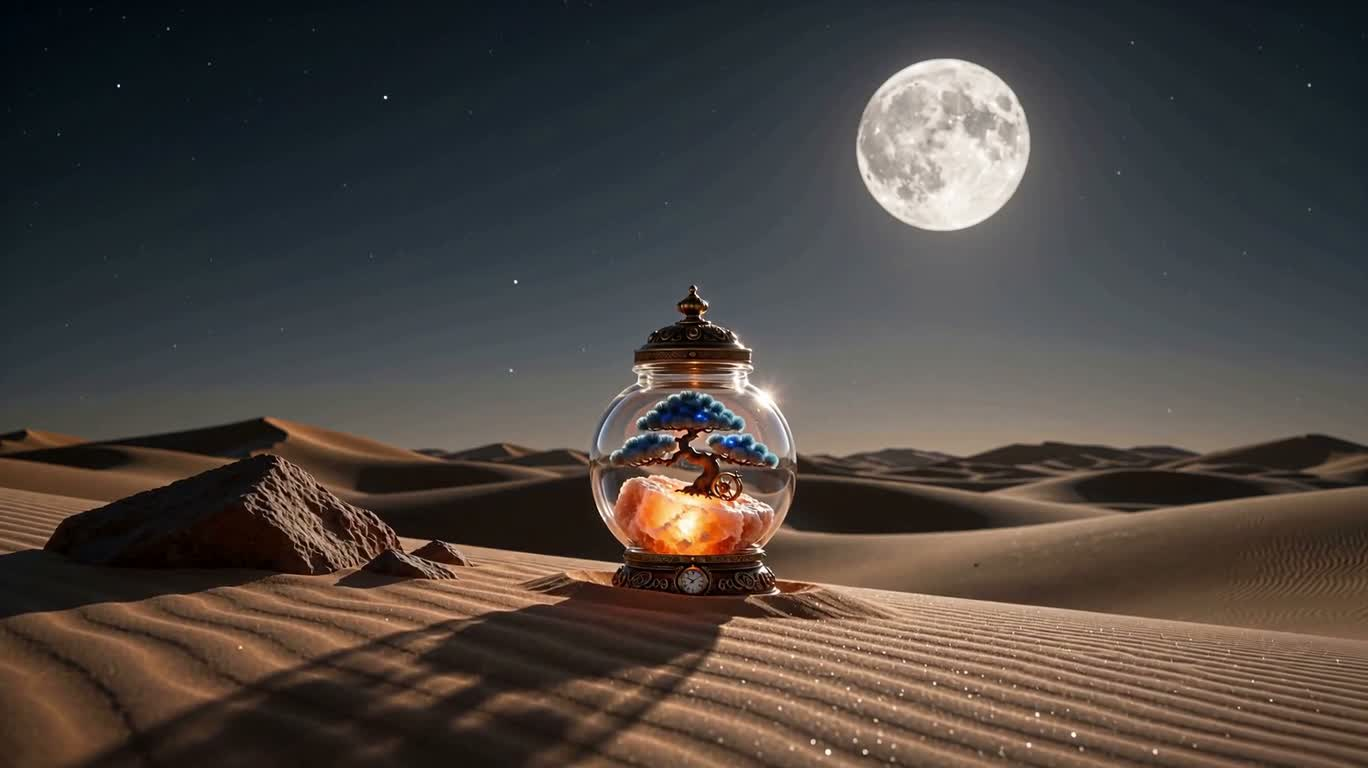 Steam Salt Crystal Lamp and Blue Bonsai Buried in Moonlit Sand