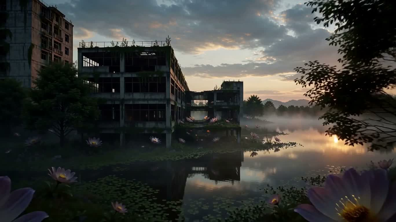 柴油朋克湖畔废墟建筑
