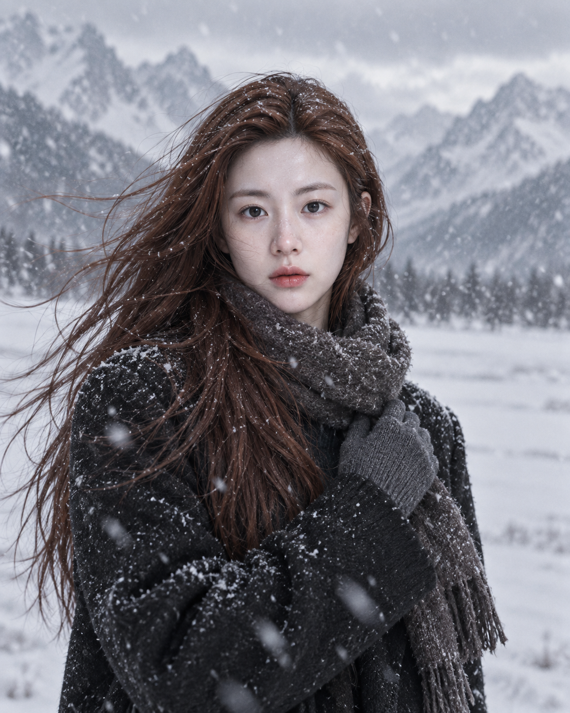 Adult Auburn-Haired Winter Mountain Portrait — AI image creation