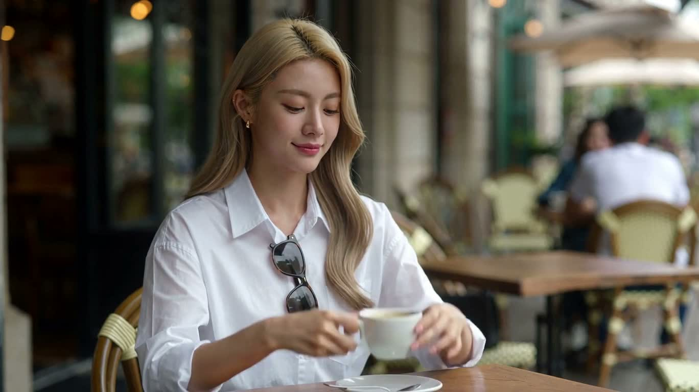 야외 카페의 만족스러운 미소