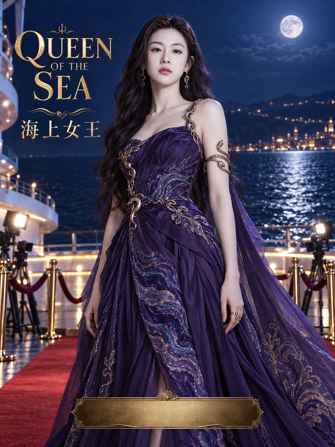 海上女帝蓝紫夜色高定电影海报 — AI image creation