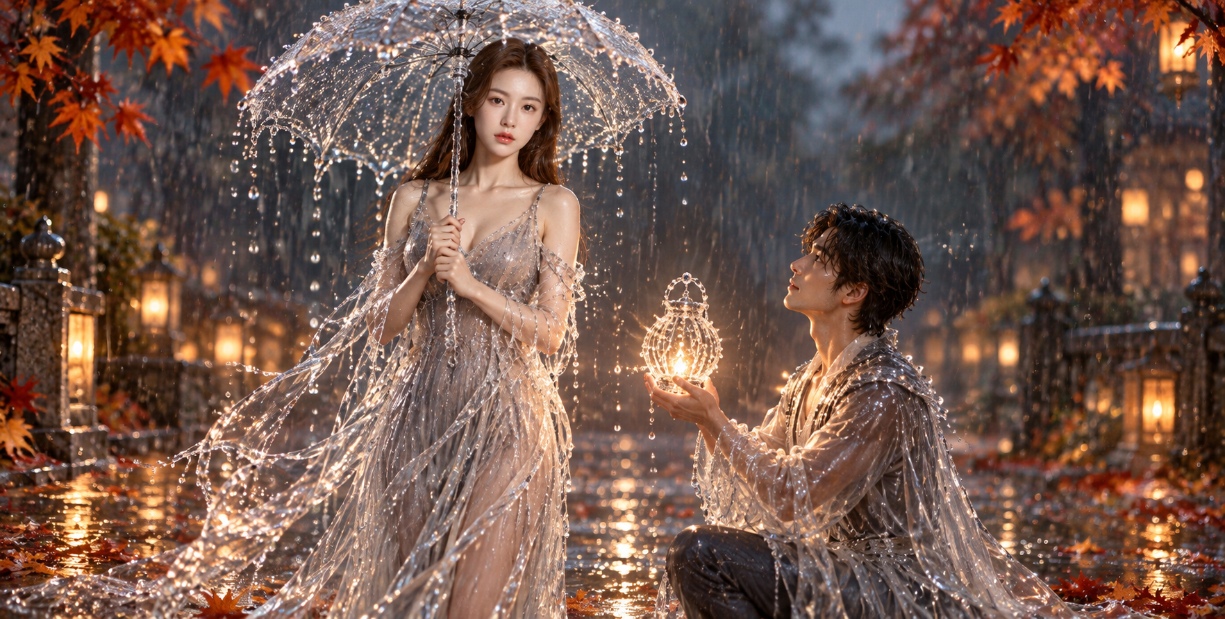 雨夜秋叶间由水滴构成的浪漫相遇 — AI image creation