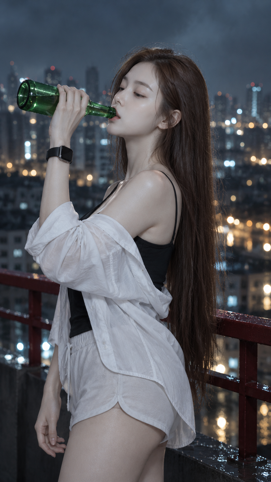 Bóng nghiêng uống nước trên sân thượng thành phố đêm mưa