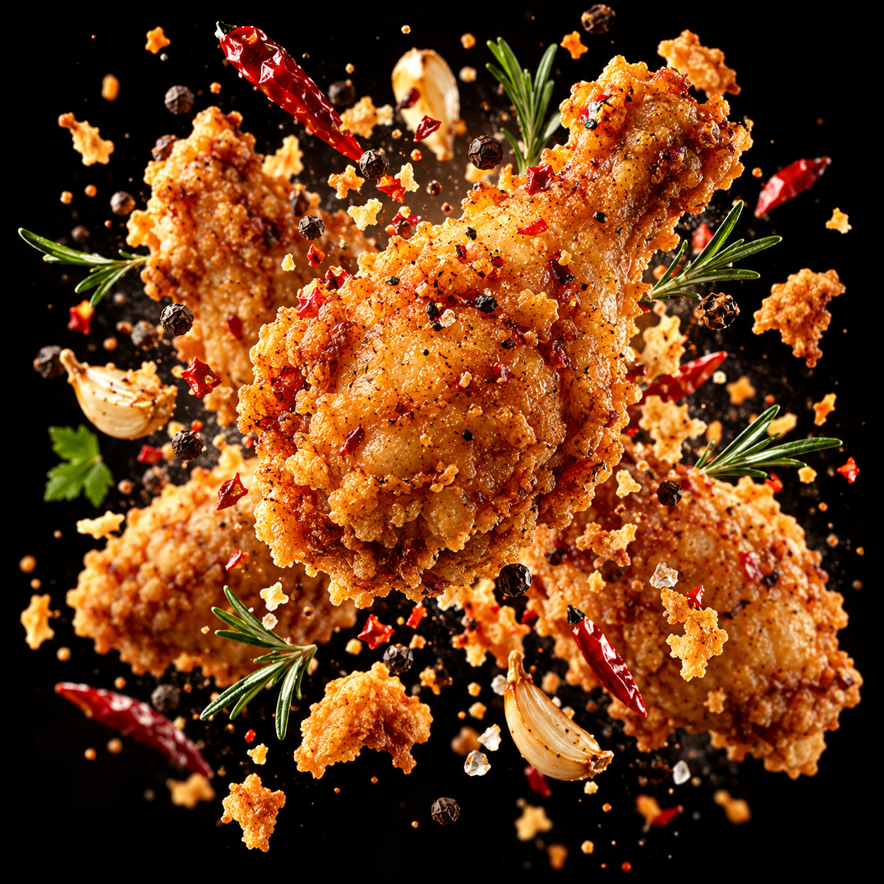 黑色背景中食材向前迸发的奢华美食海报模板 — AI image creation