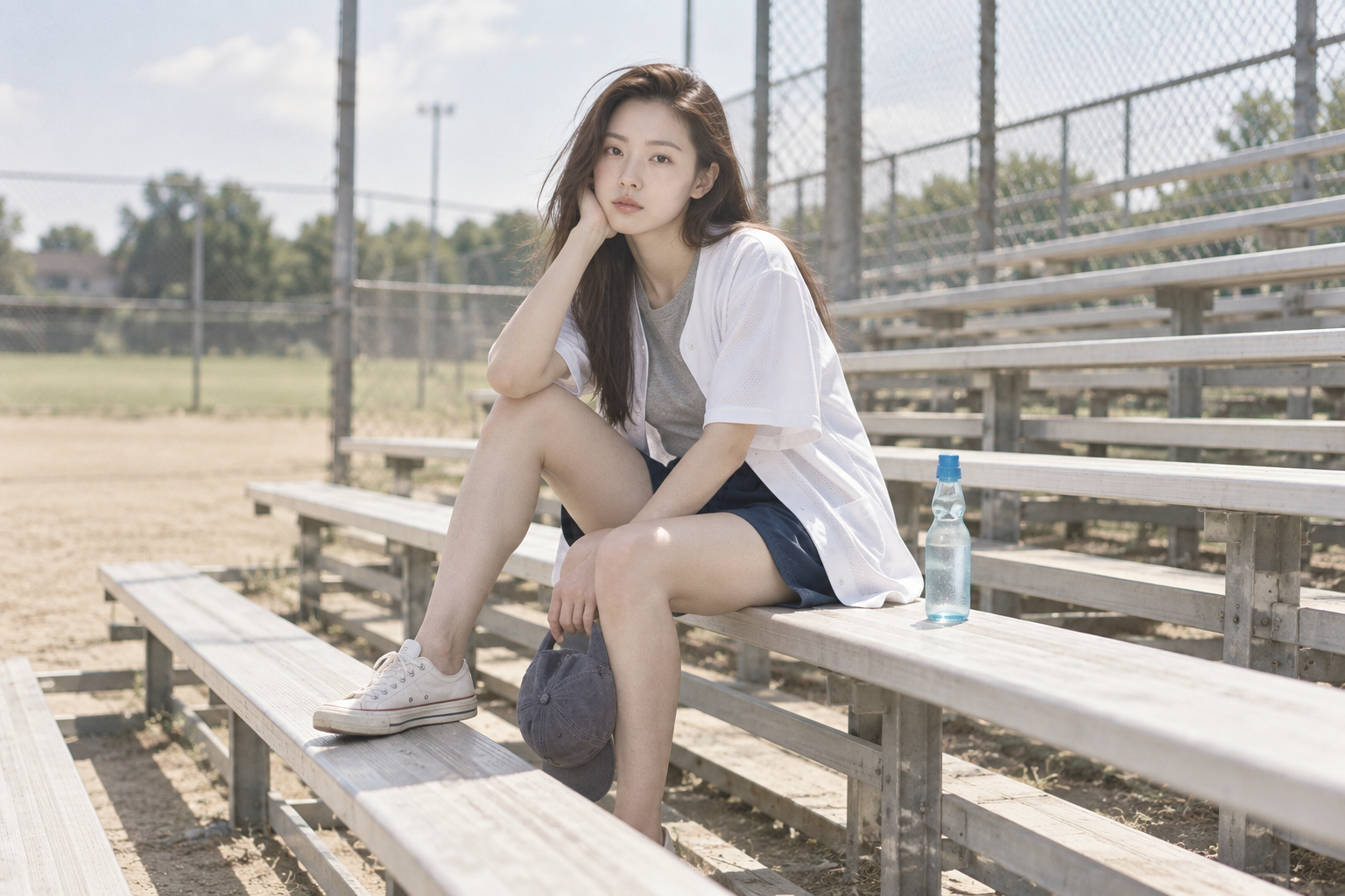 夏日棒球场看台成年女性胶片感人像 — AI image creation