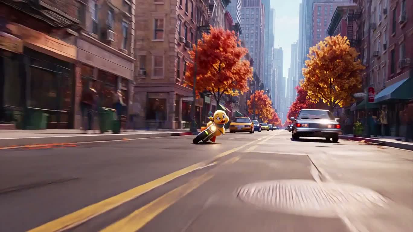 子ガモがバイクで街を疾走 — AI video creation
