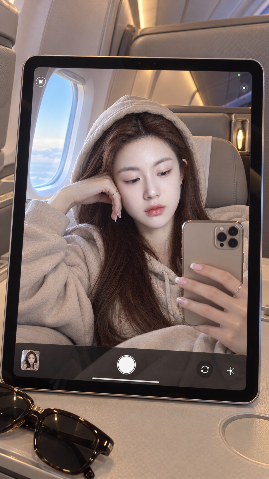 비행기 객실 iPad 셀카 미리보기