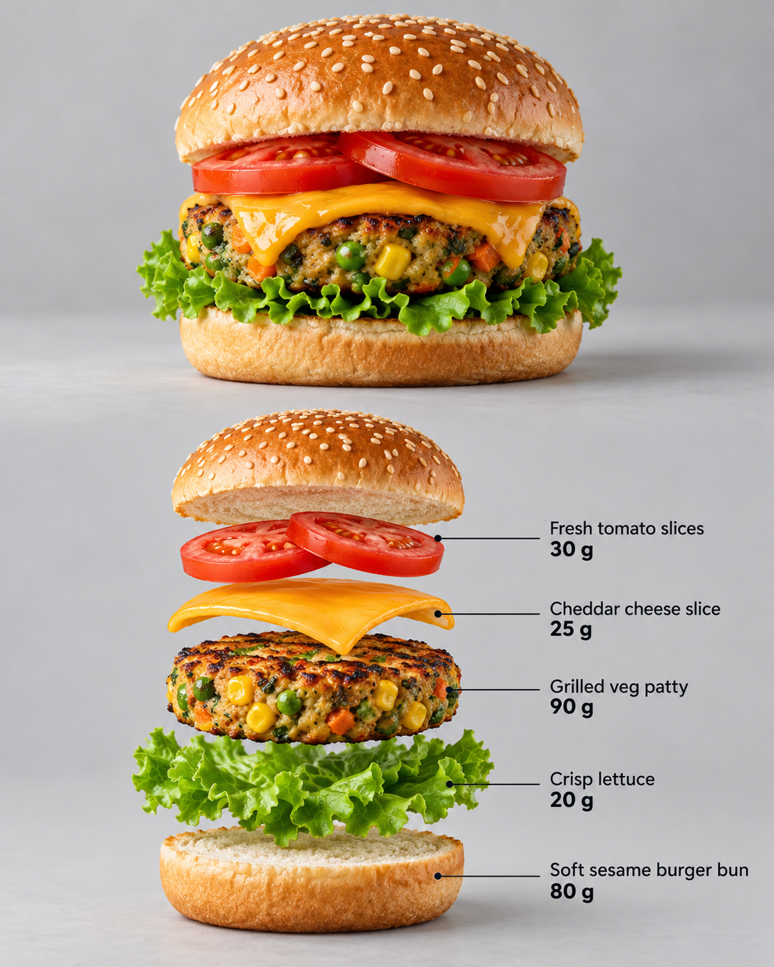 五种原料精准标注的素食汉堡信息图 — AI image creation