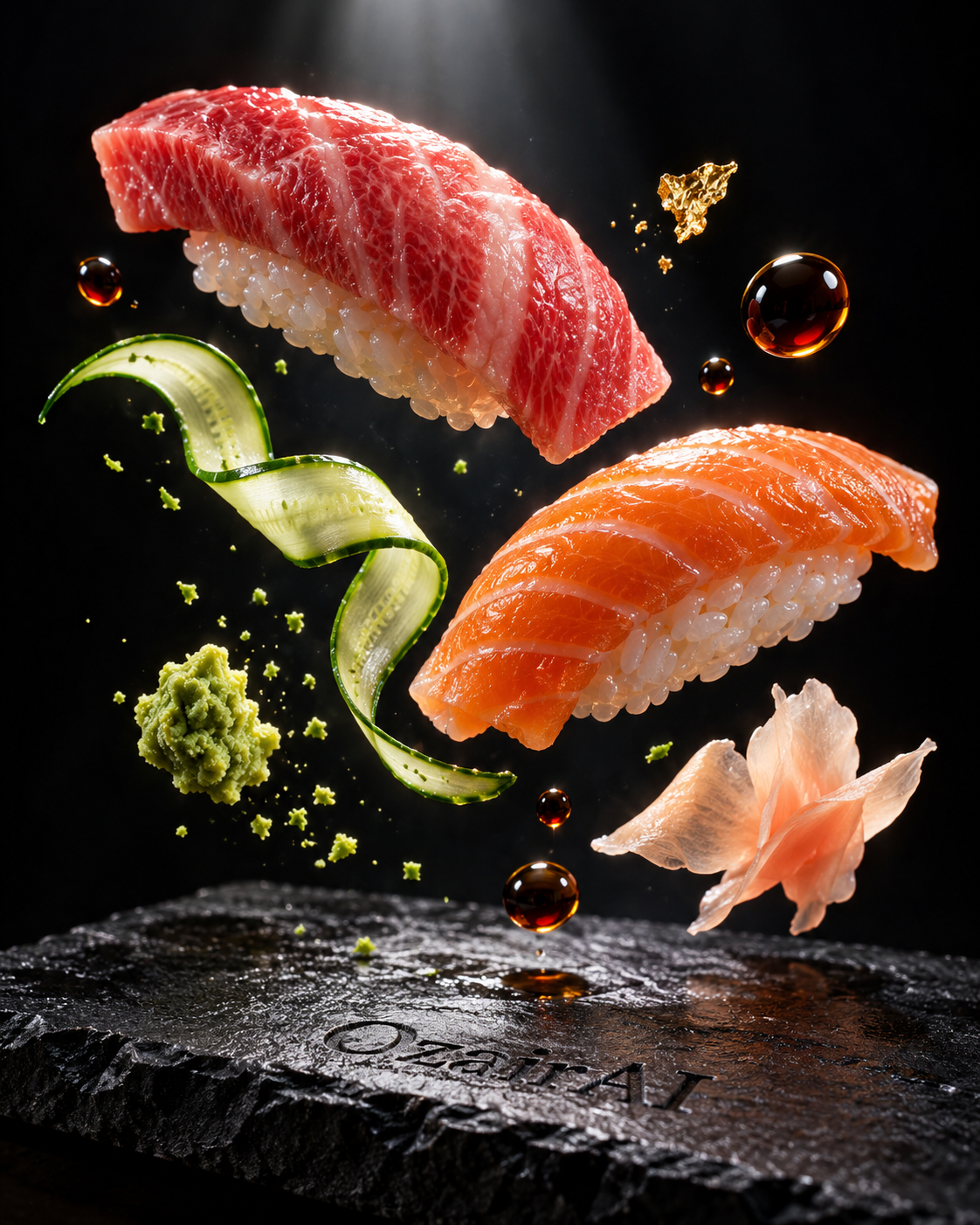 零重力悬浮寿司暗调微距美食摄影 — AI image creation