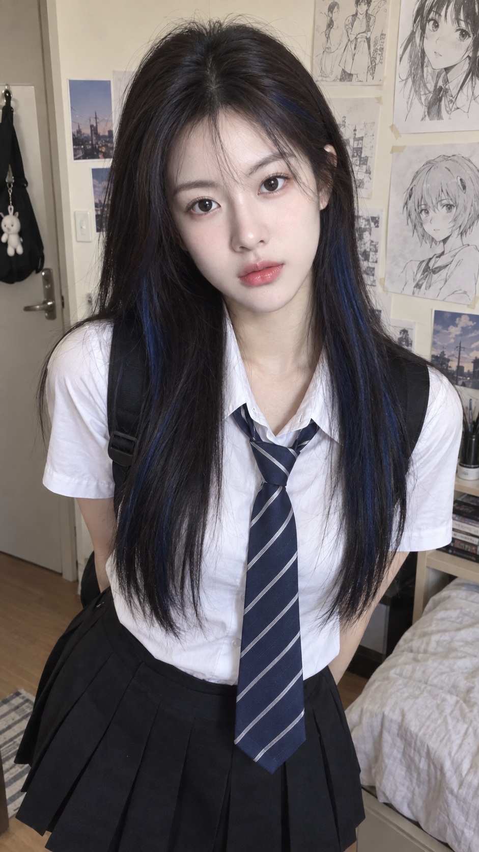 写实风格蓝黑发少女室内手机抓拍 — AI image creation