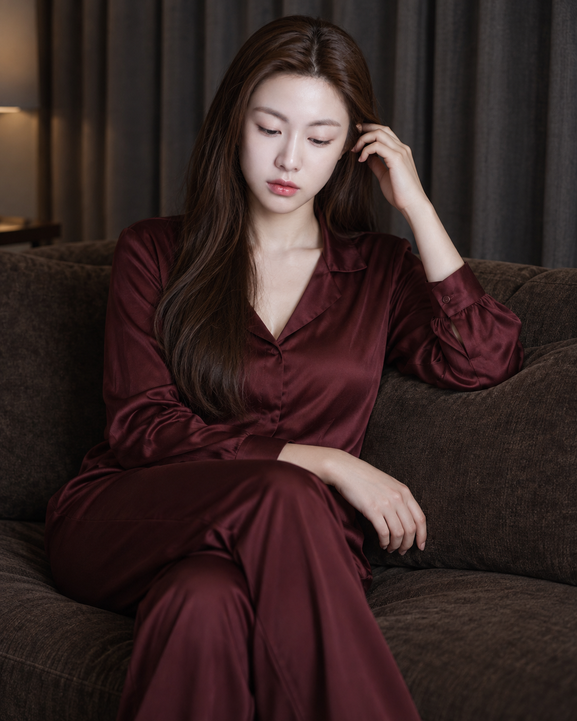 Mẫu chân dung phụ nữ trưởng thành mặc đồ mặc nhà satin đỏ rượu trên sofa