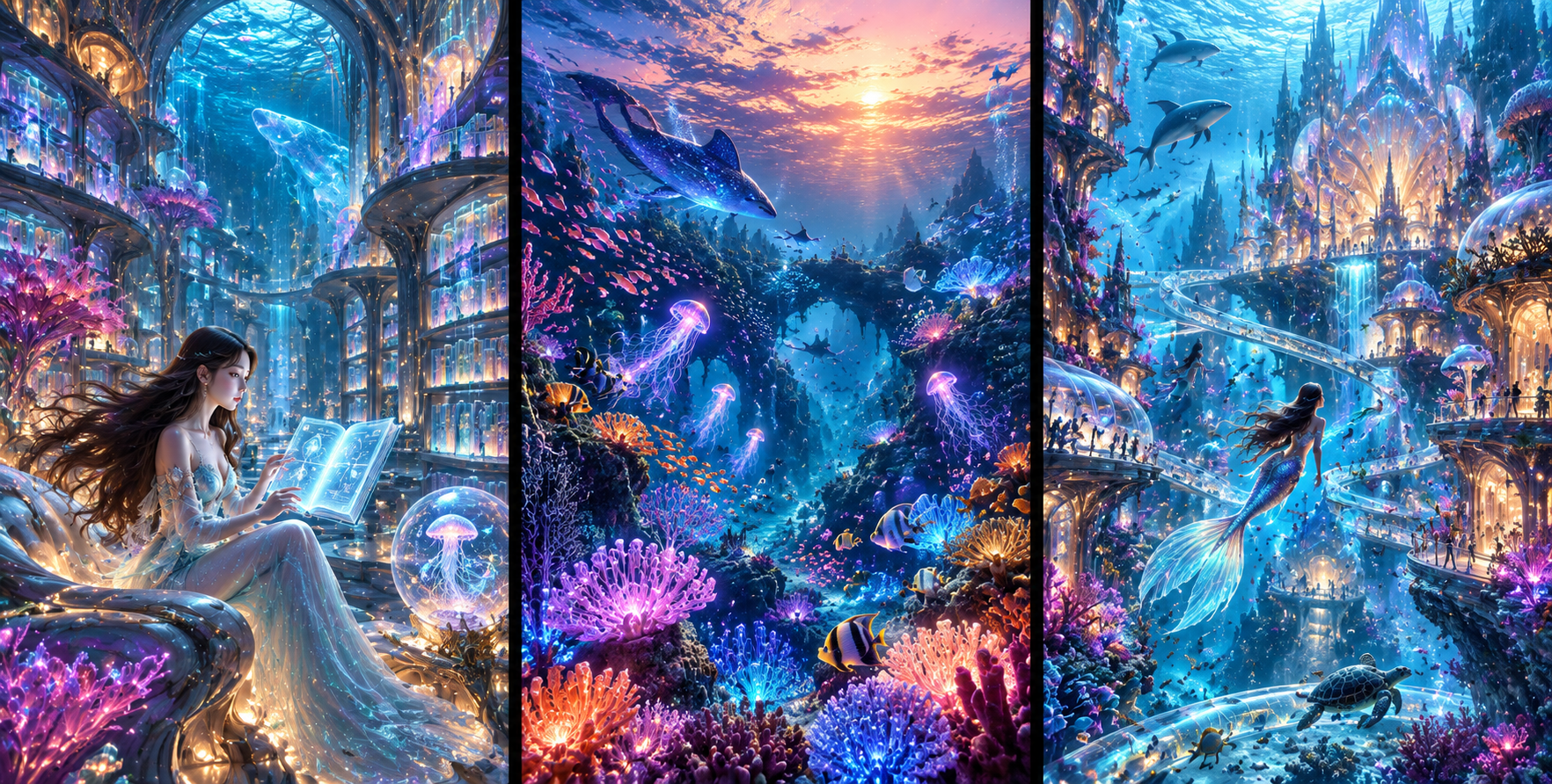 异想海底城与荧光径幻想三联画 — AI image creation