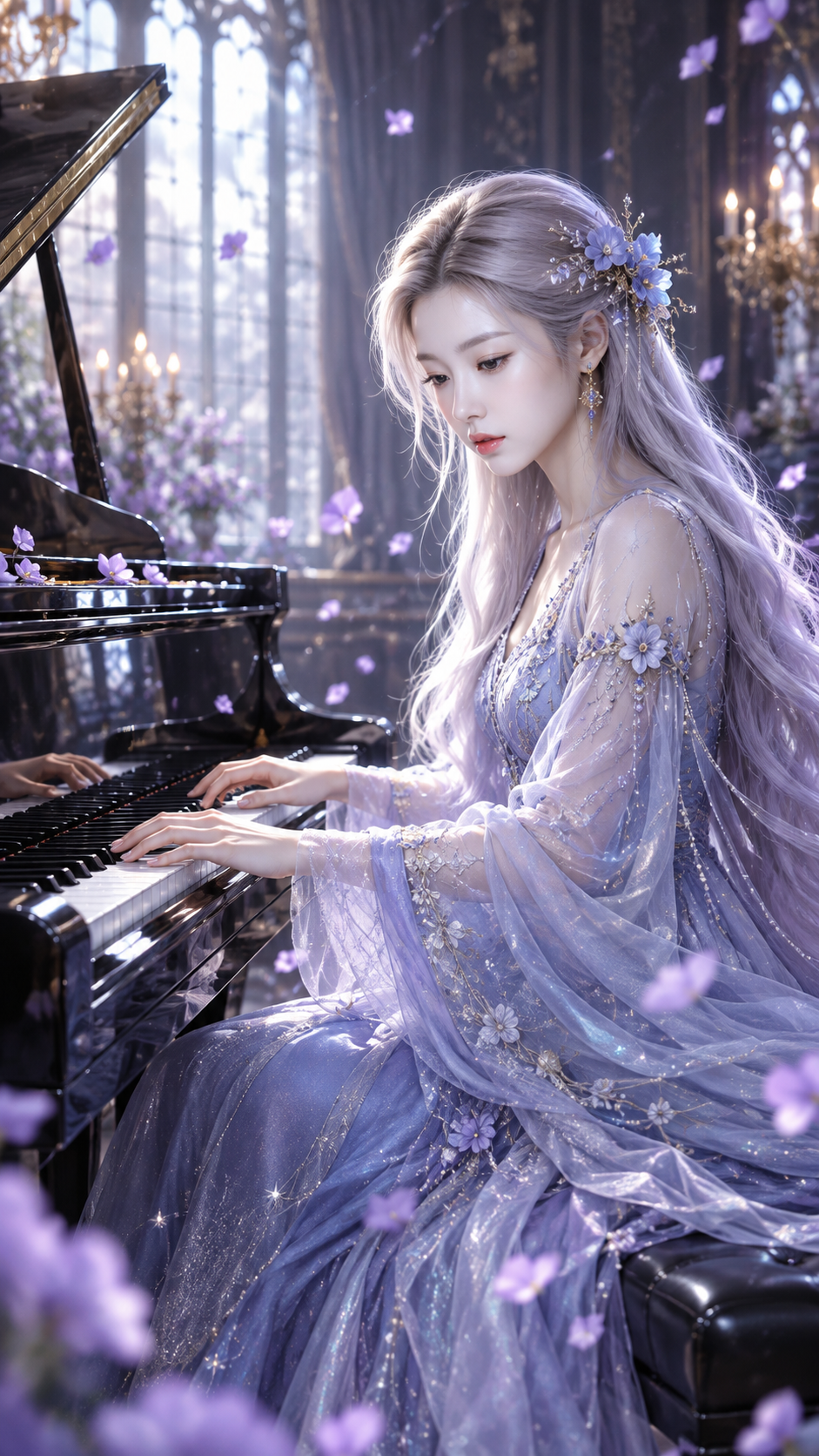 成年女性东方幻想钢琴师蓝紫礼裙CG海报 — AI image creation
