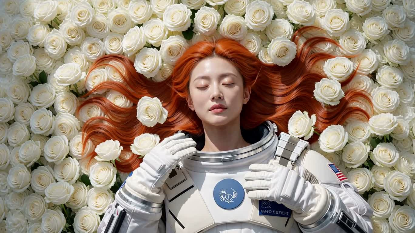 玫瑰花海中的宇航员 — AI video creation