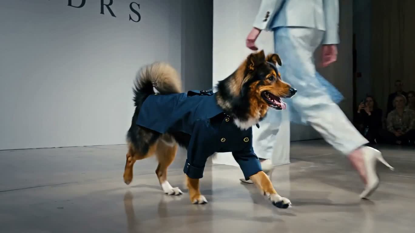 青いトレンチコートの犬のファッションショー — AI video creation