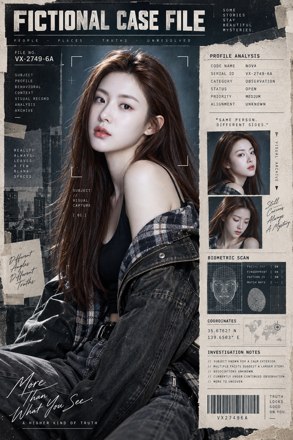 虚构案件档案风格时尚分析海报 — AI image creation
