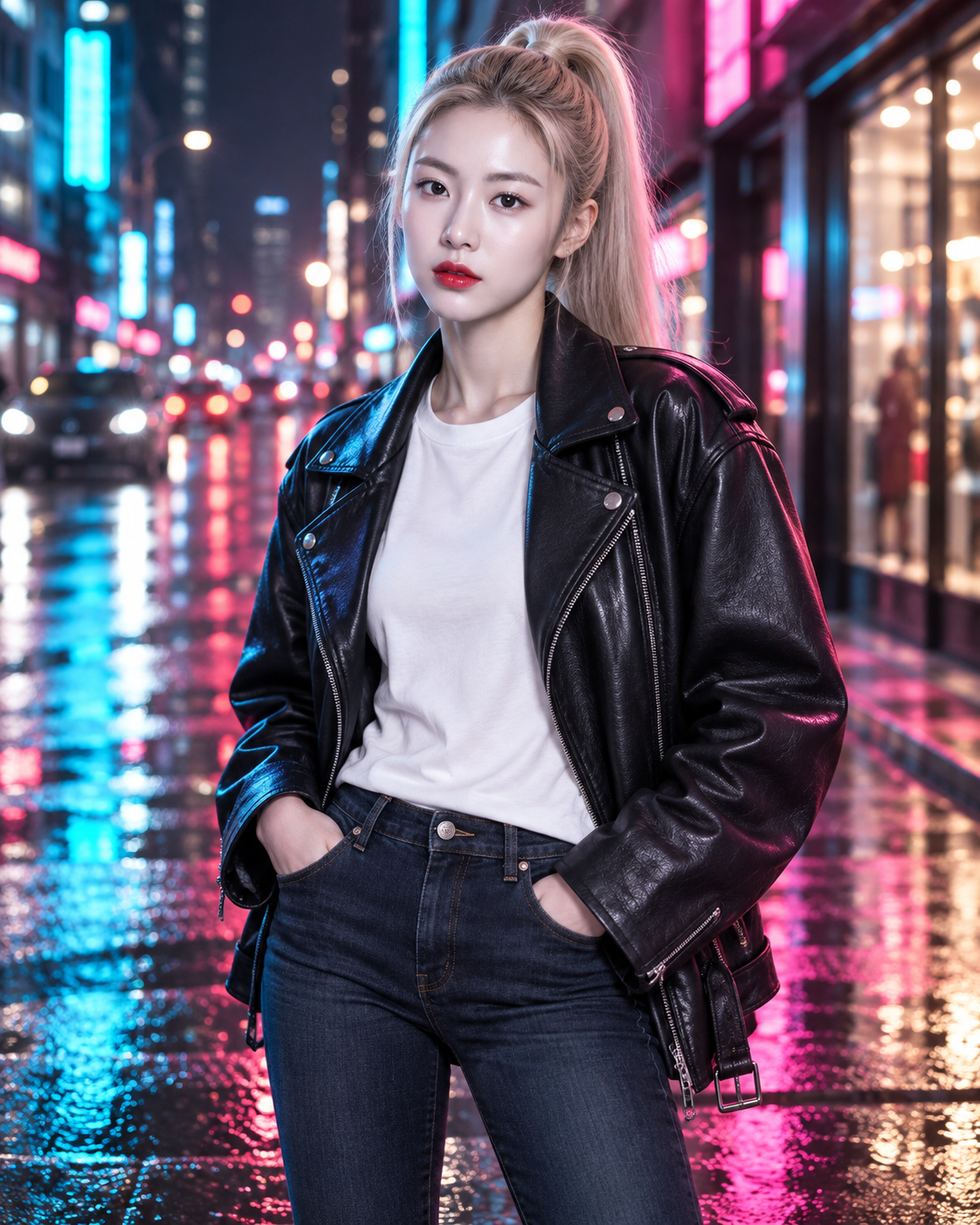 青洋红霓虹夜街中的成年女性机车夹克肖像 — AI image creation