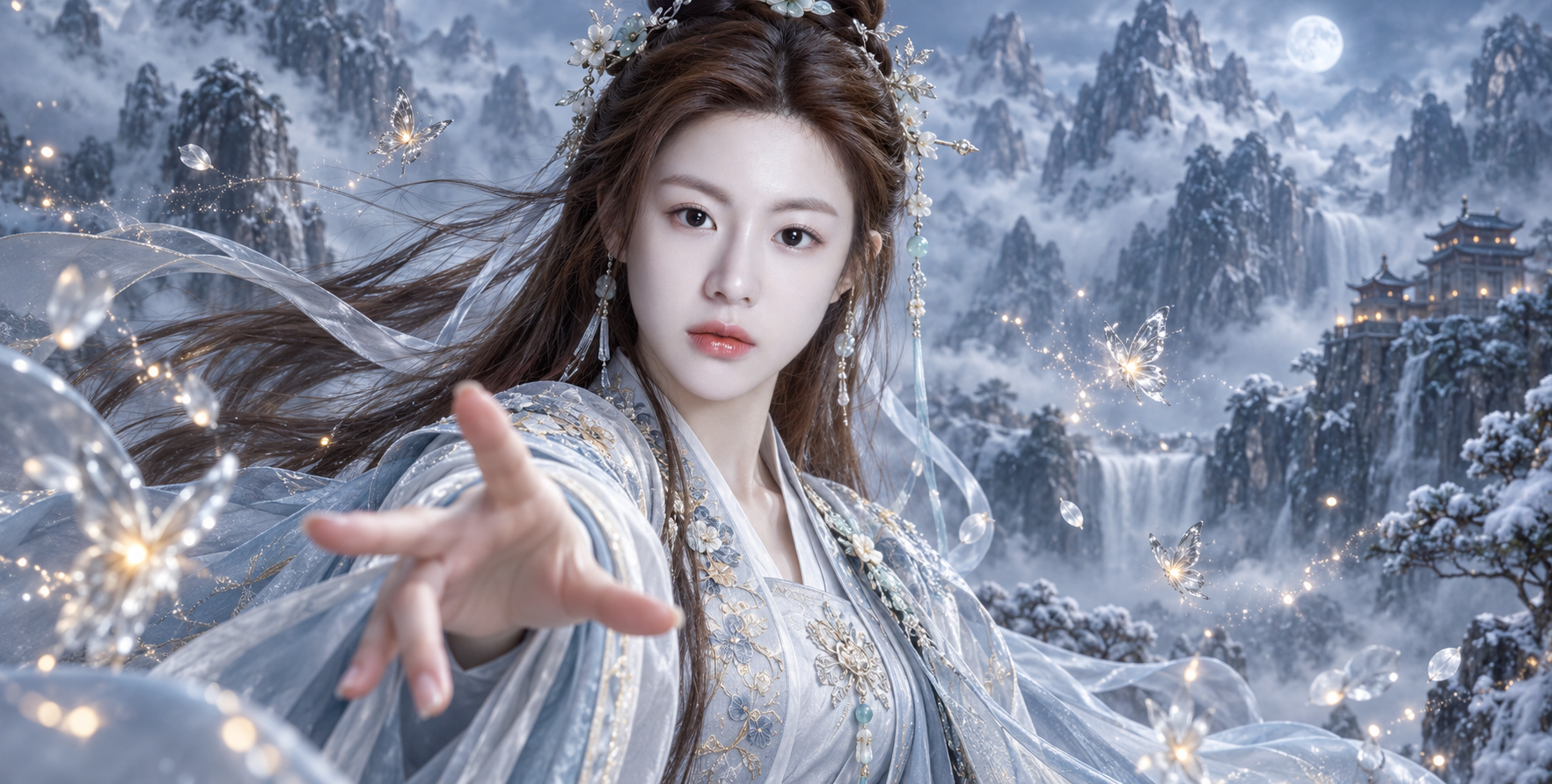 银蓝汉服仙侠肖像与灵蝶幻境 — AI image creation