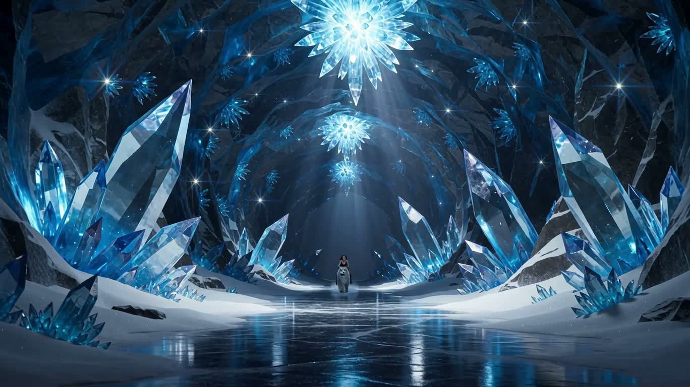 晶洞中的雪豹疾驰 — AI video creation