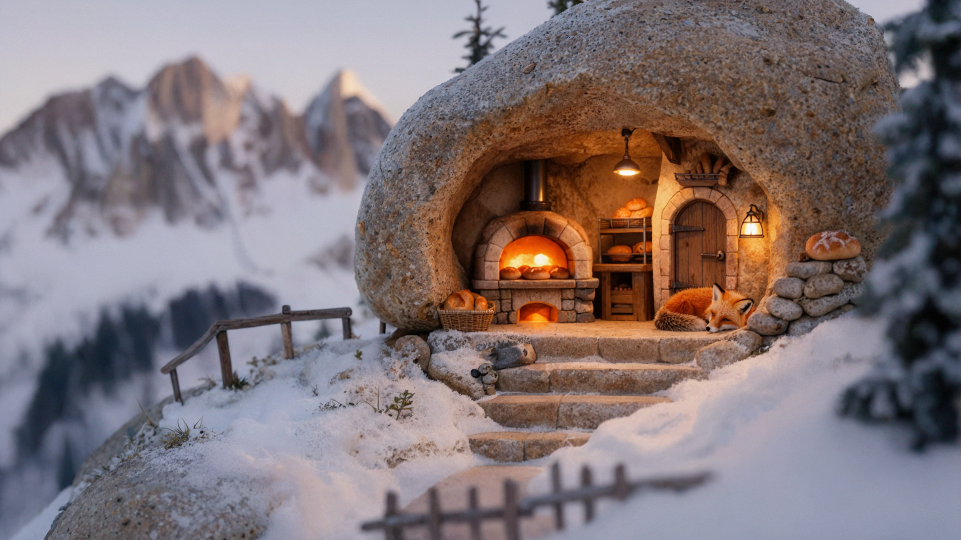 Boulangerie par une nuit de neige · Miniature en tilt-shift — AI image creation