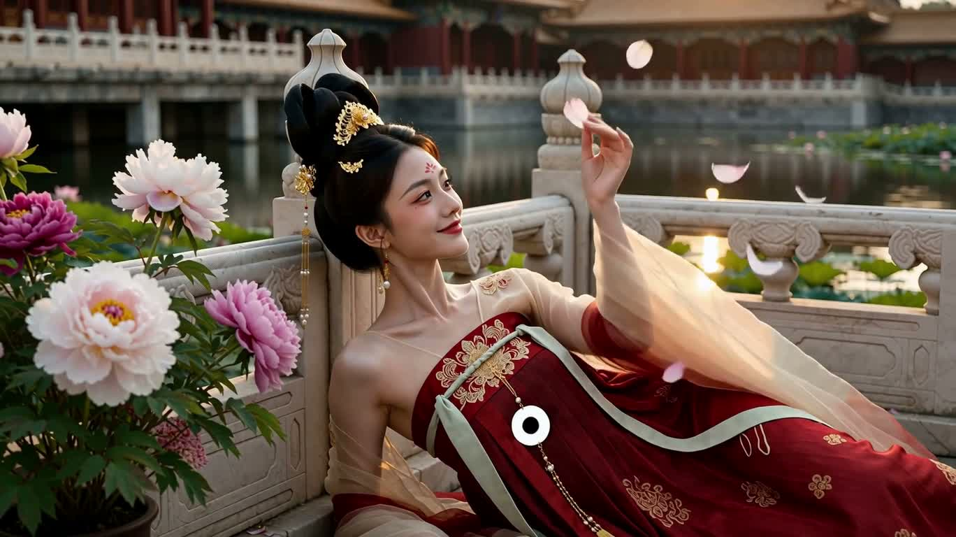 金色暮色中的宫装美人接花回眸 — AI video creation