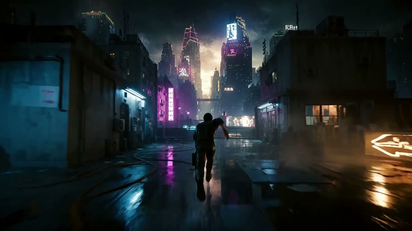 霓虹雨夜屋顶追逐 — AI video creation