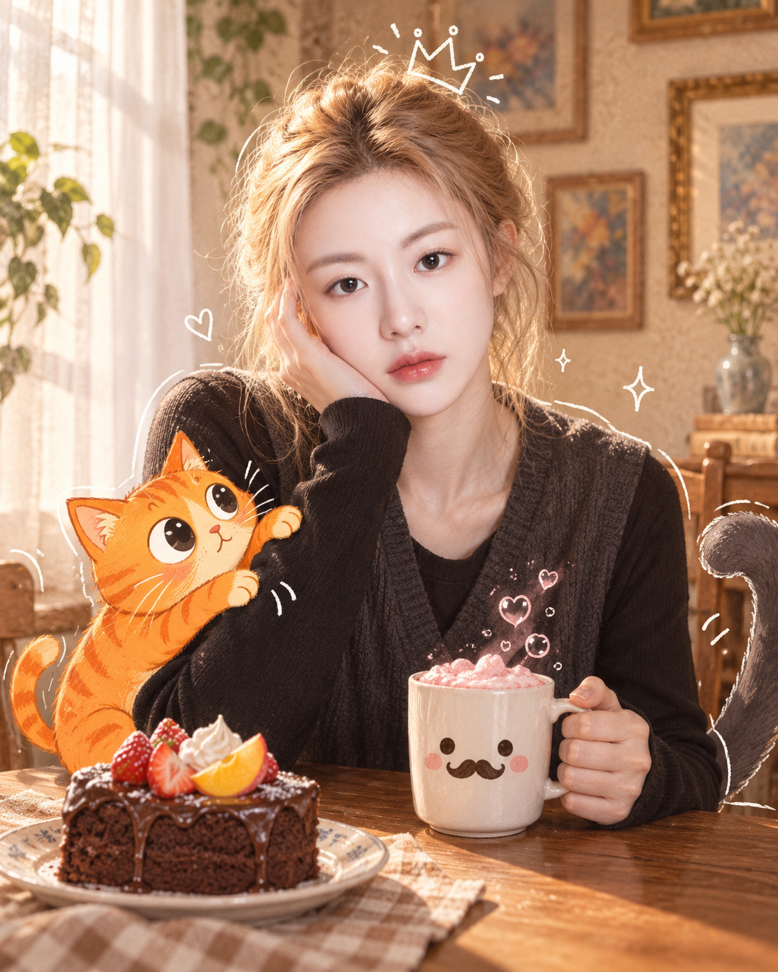 梦幻猫咪与暖意午后混合媒介肖像