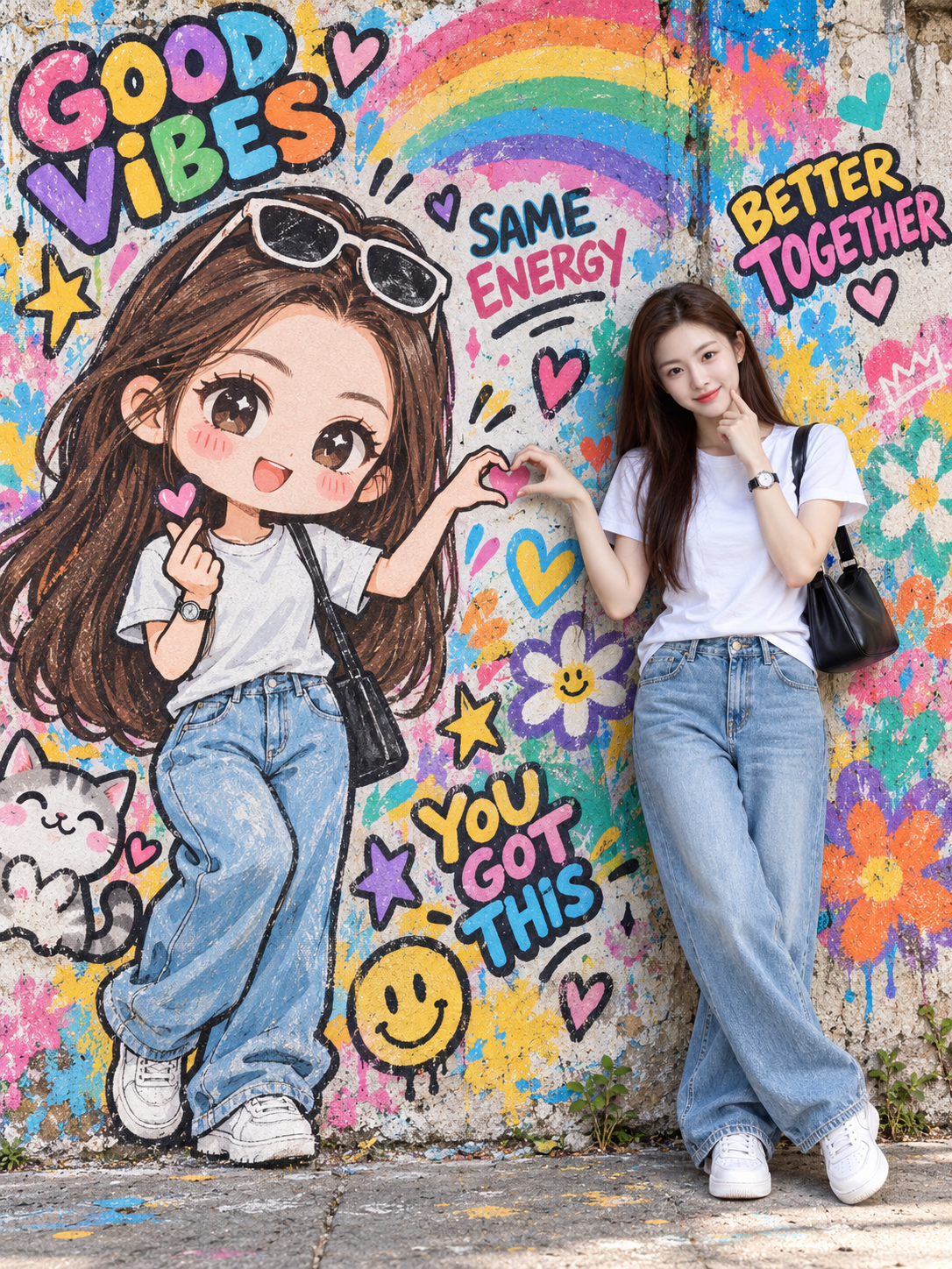 成年女性与巨型Q版自画像涂鸦墙 — AI image creation
