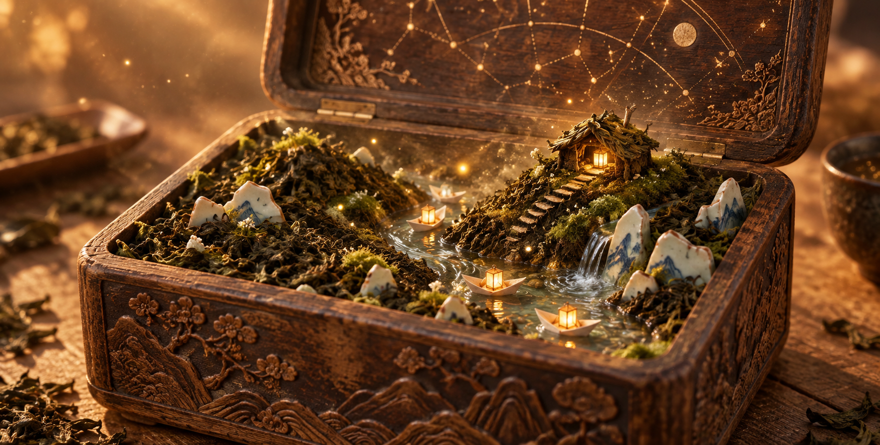 古老茶匣中展开的微缩奇境 — AI image creation