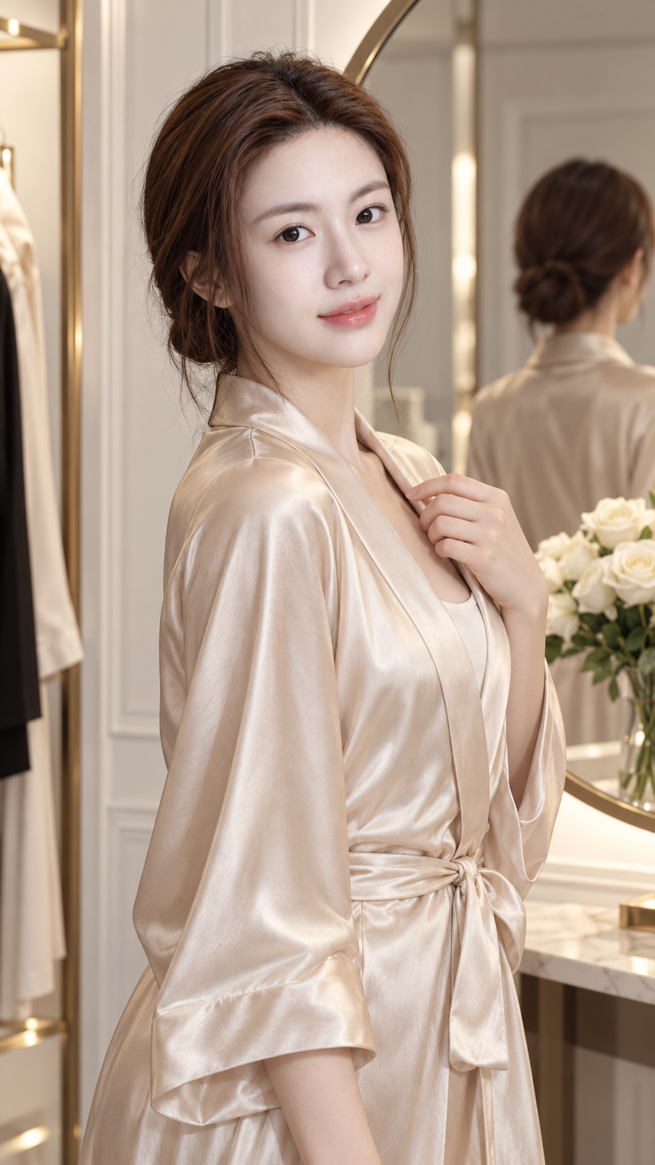 香槟真丝：精品试衣间时尚人像 — AI image creation