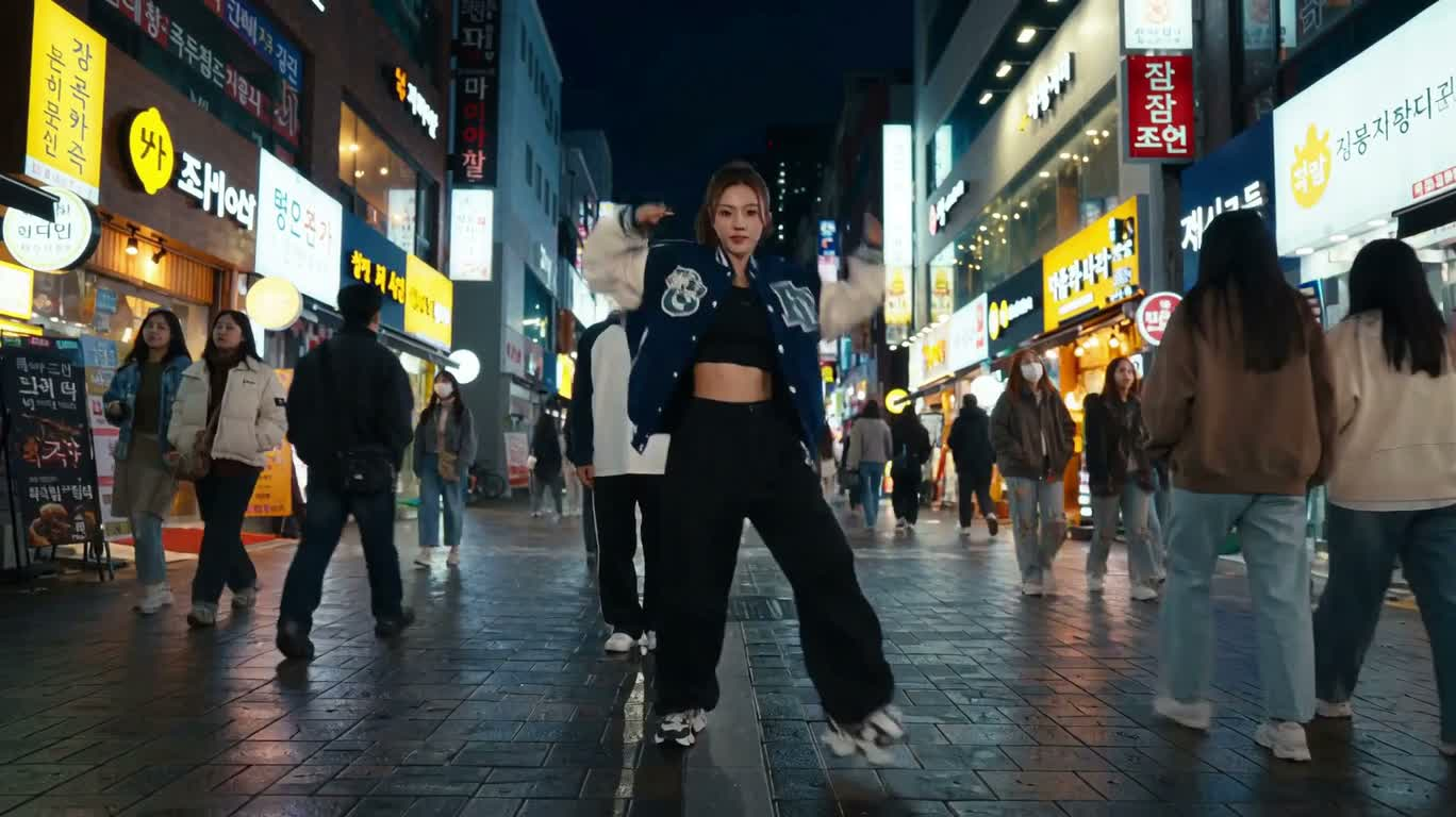 雨夜霓虹街头的K-pop快闪舞团