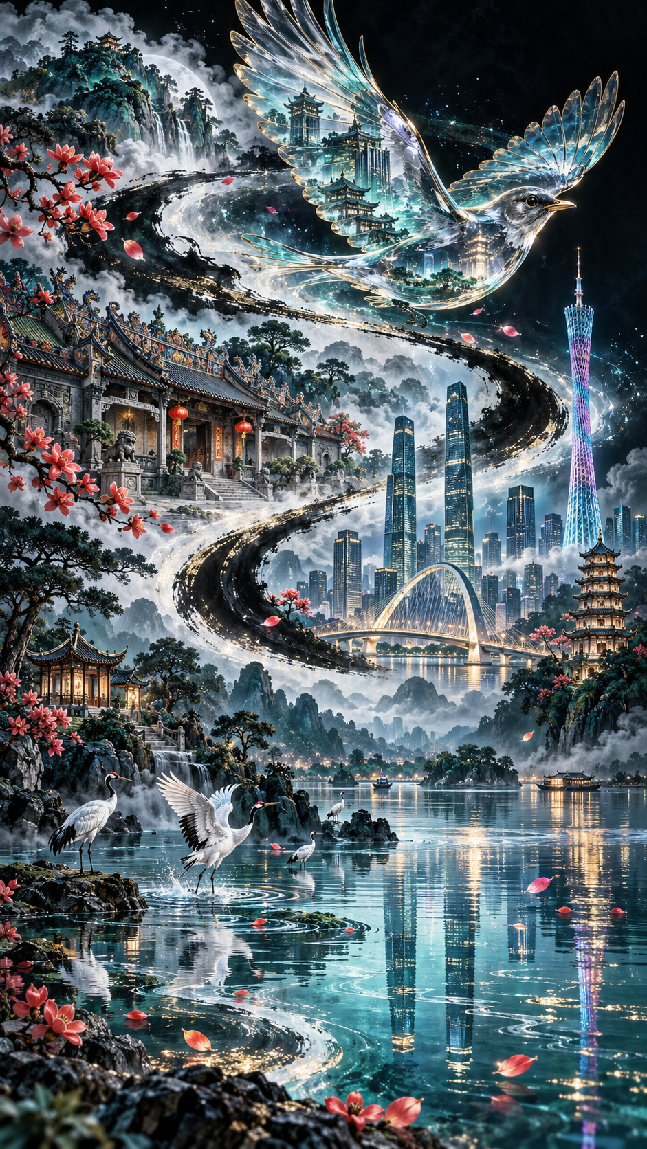 琉璃透明画眉鸟飞舞羊城墨卷 — AI image creation