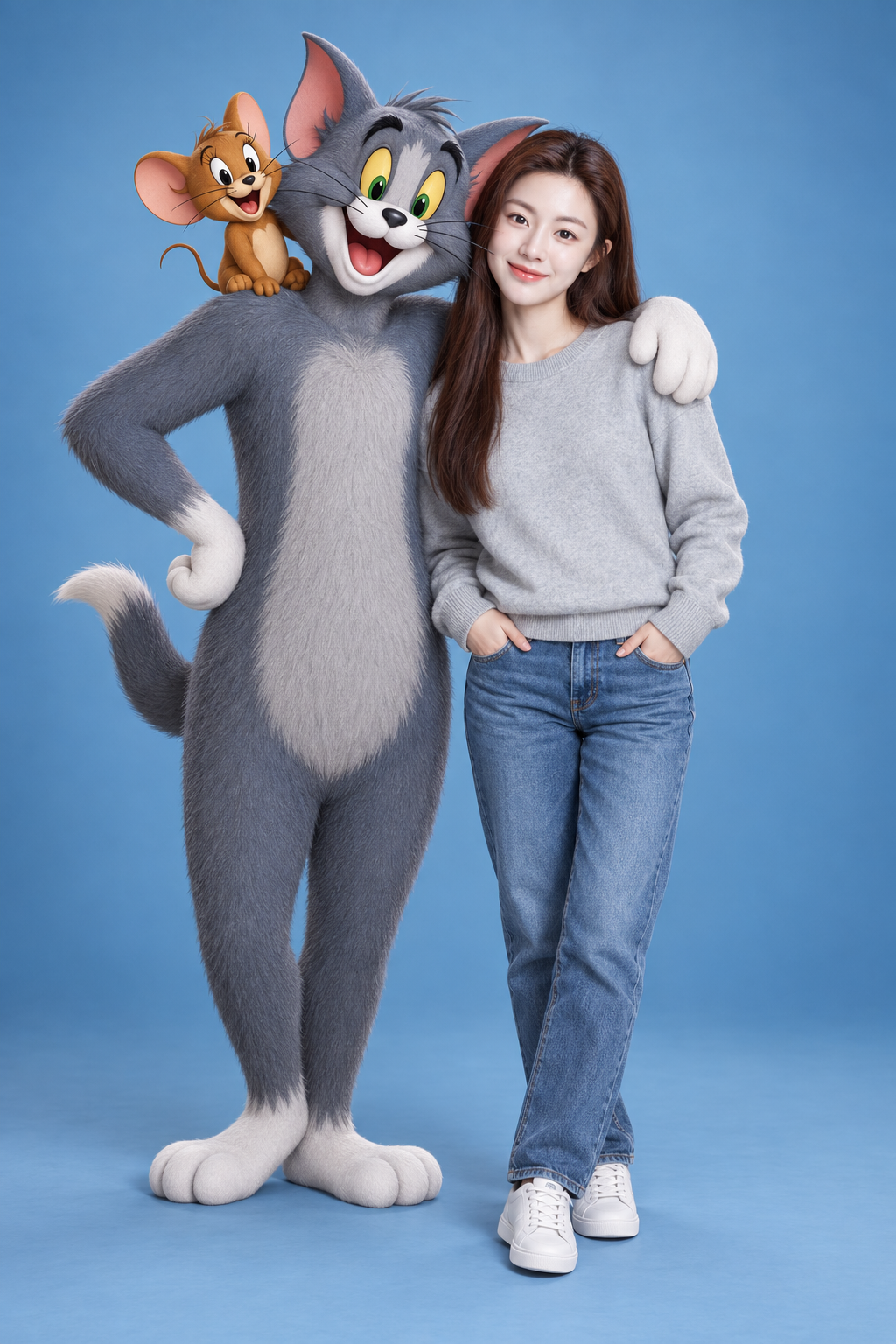 成年女性与汤姆和杰瑞的蓝色影棚合影 — AI image creation
