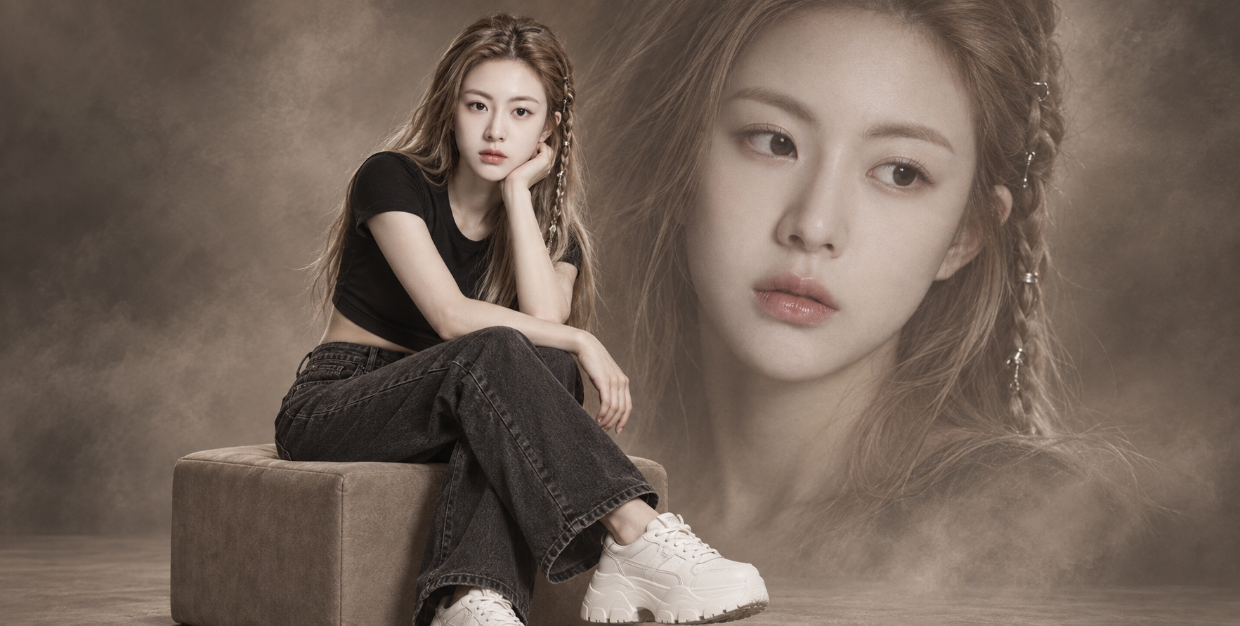 灰金侧辫女性的双重曝光时尚人像 — AI image creation