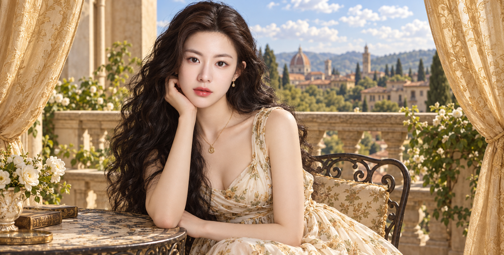 欧式阳台上的经典碎花裙成年女性肖像 — AI image creation