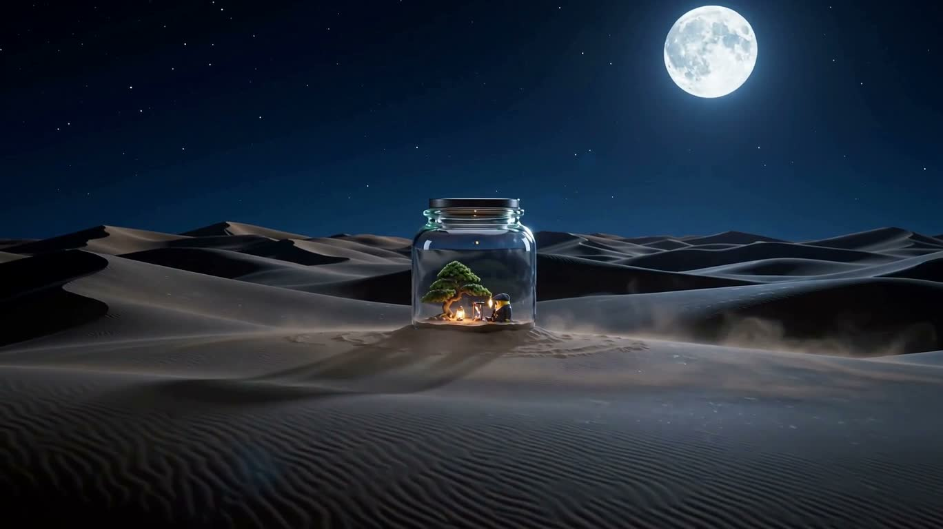 沙中玻璃罐的月夜微缩奇景 — AI video creation