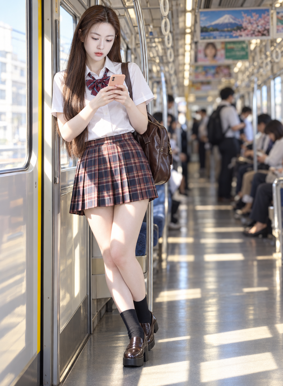 日本通勤电车成年女性制服风看手机全身照