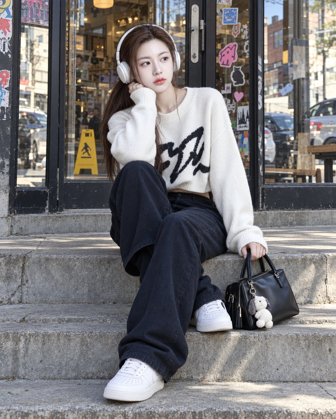 韓国カジュアル風シール店の街角全身ポートレート — AI image creation