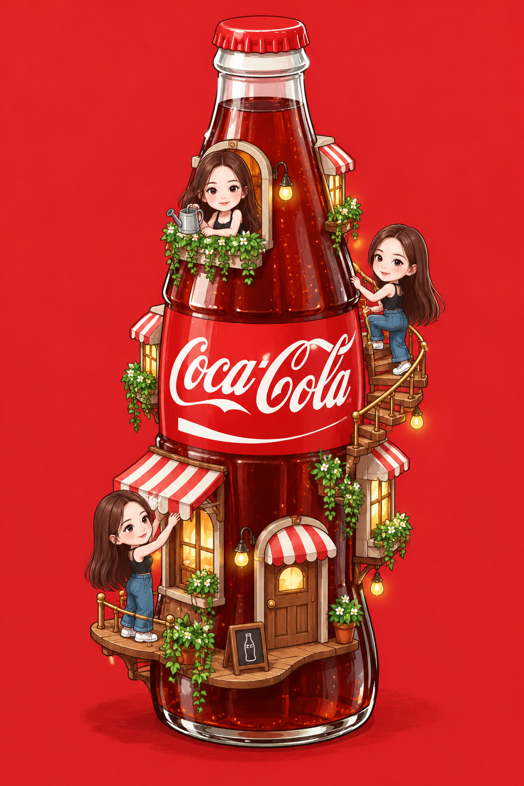 Minh họa sáng tạo chai cola khổng lồ hóa thành tòa nhà thu nhỏ sầm uất