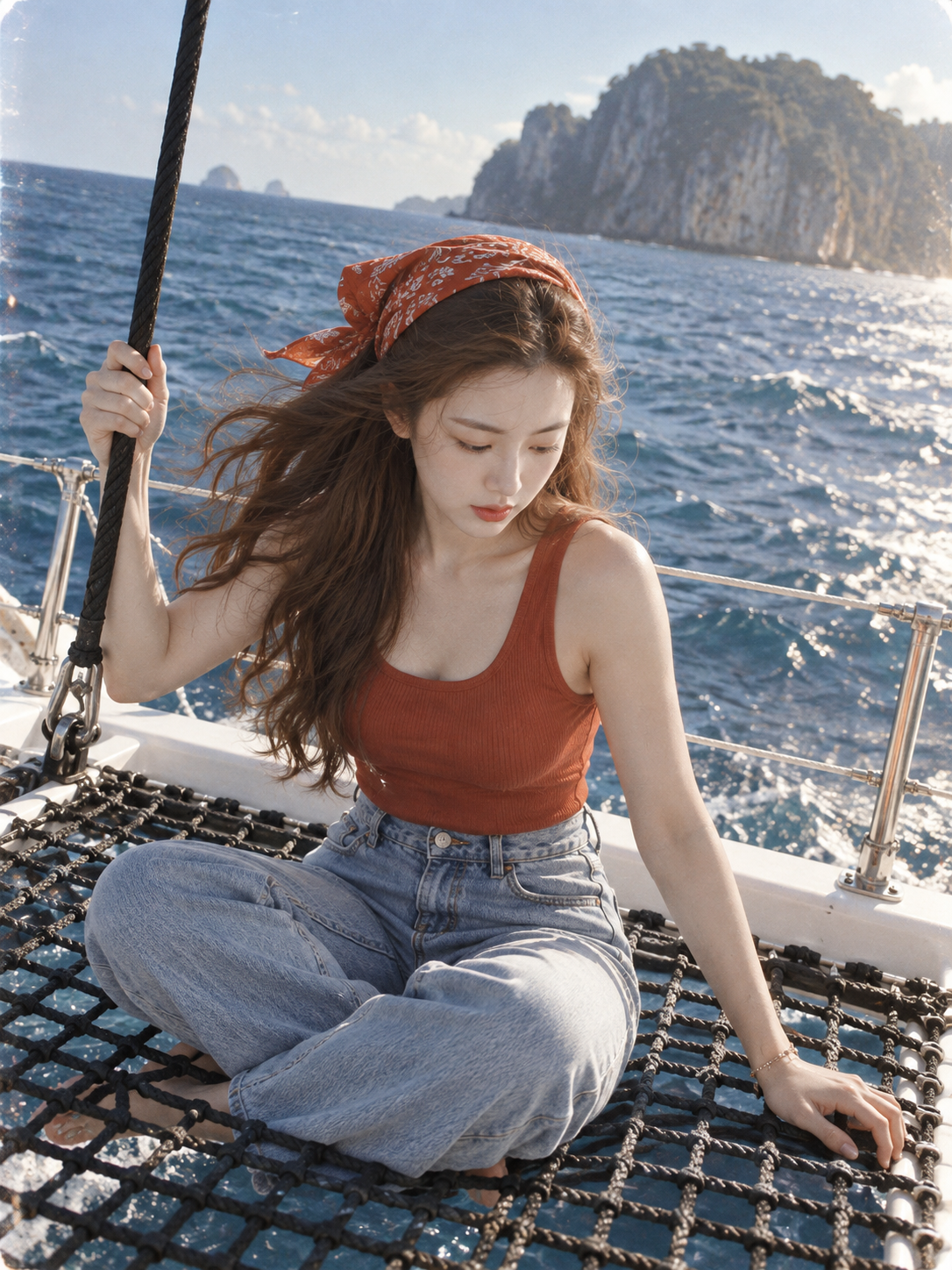 双体船前网兜上的成年女性海上旅行纪实肖像 — AI image creation