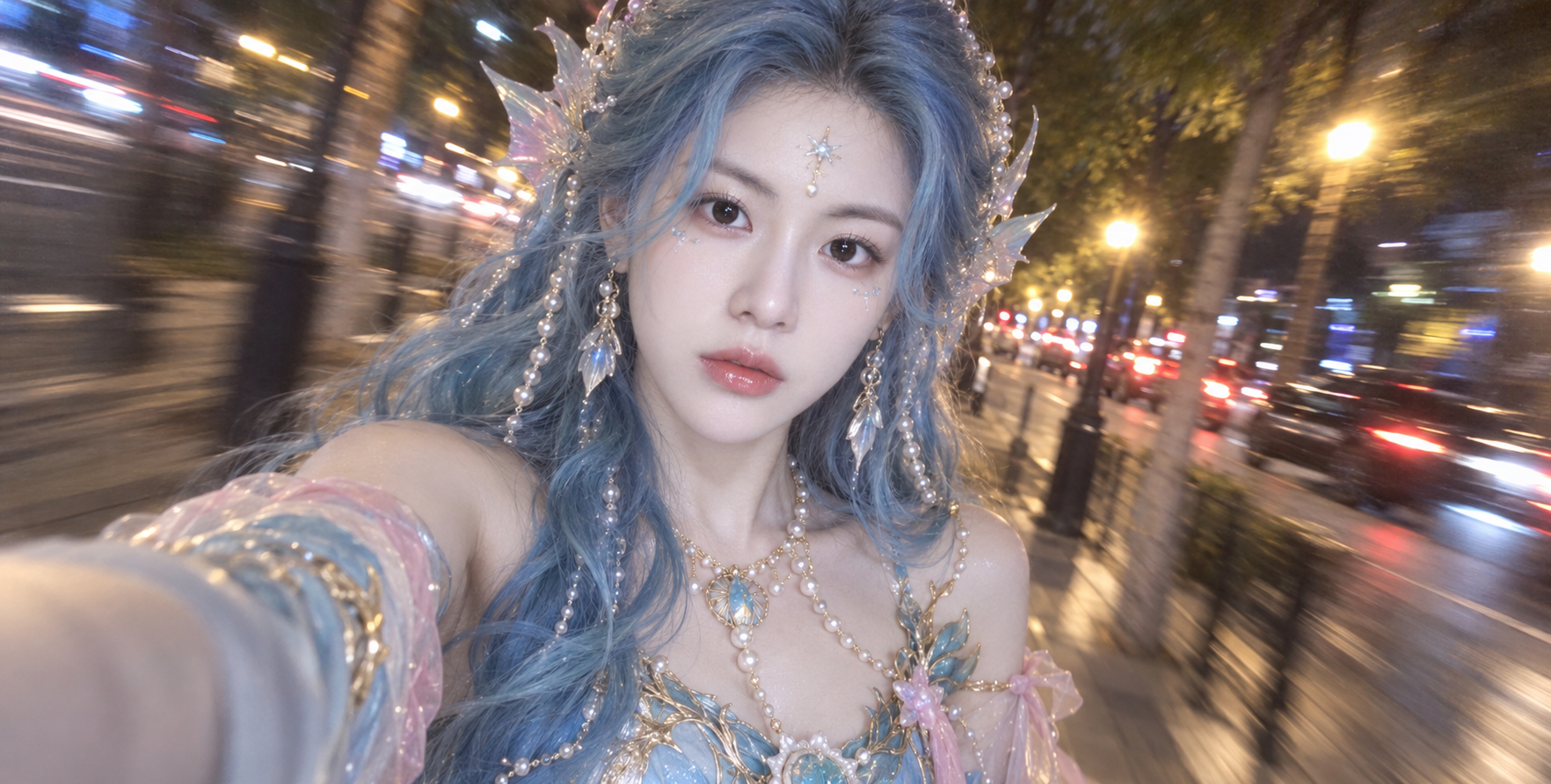 人魚ファンタジー姿の夜街スマホ自撮り