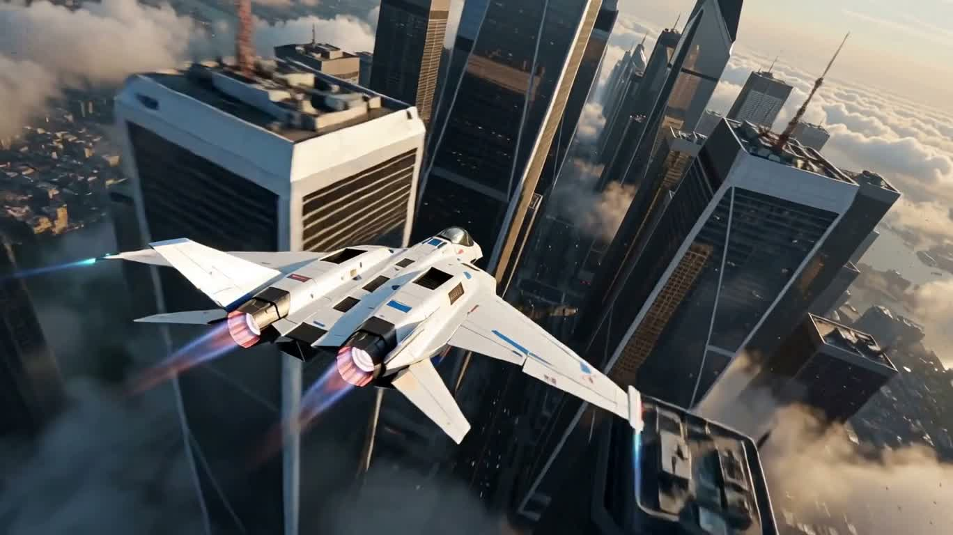 云端都市的极速战机 — AI video creation