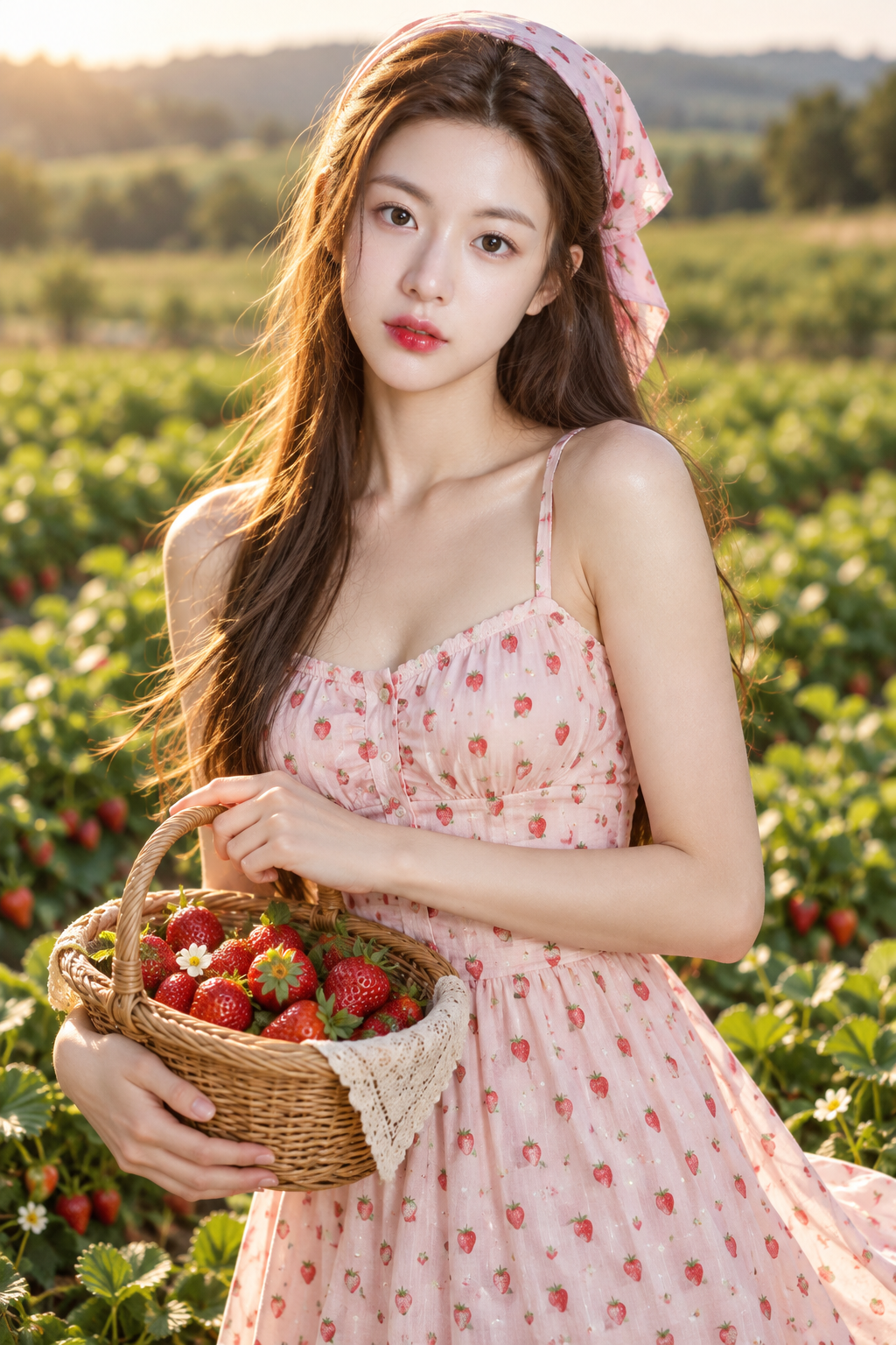 草莓田里的夏日时尚肖像 — AI image creation