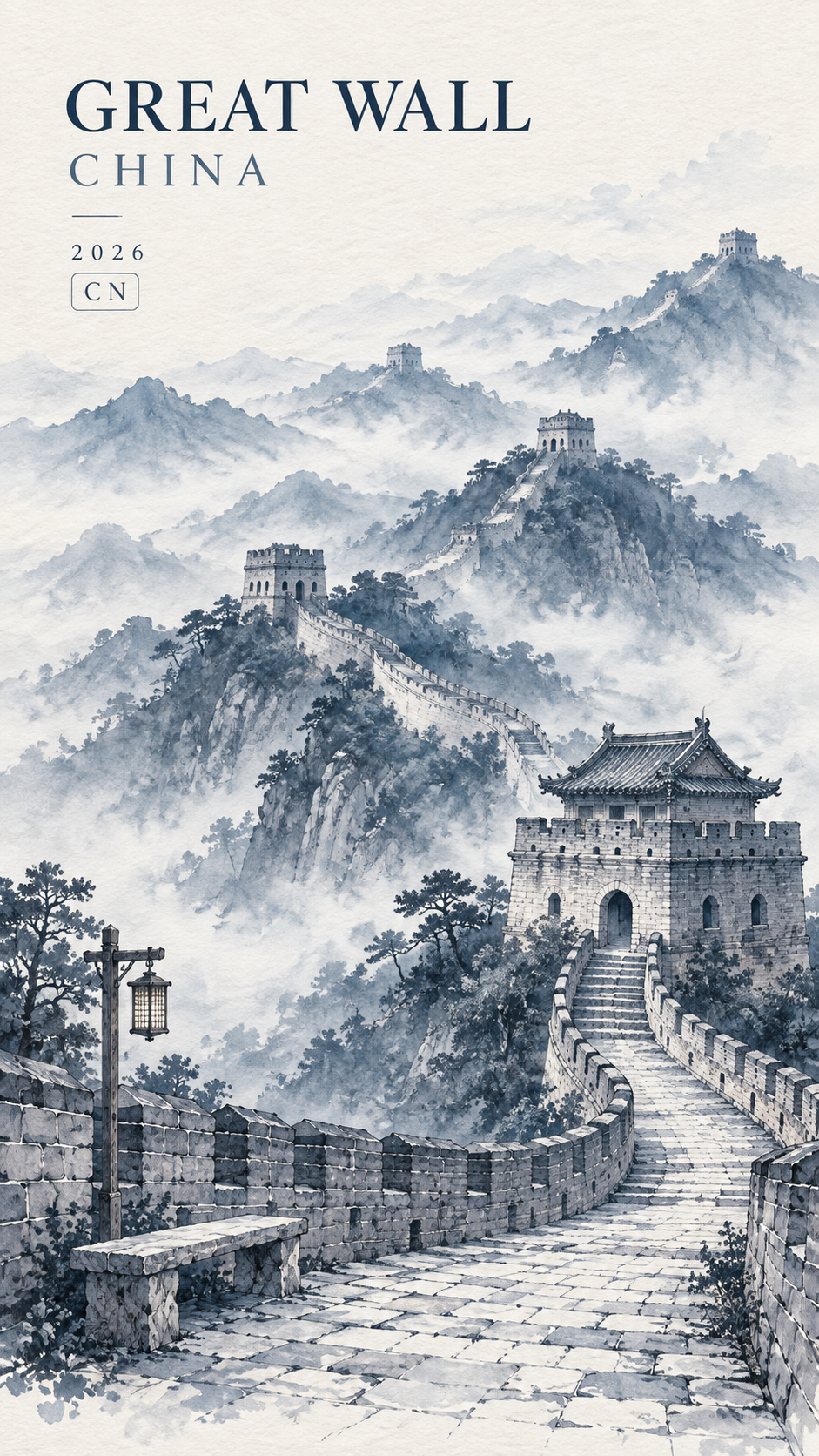 靛蓝水墨中国长城旅行海报 — AI image creation