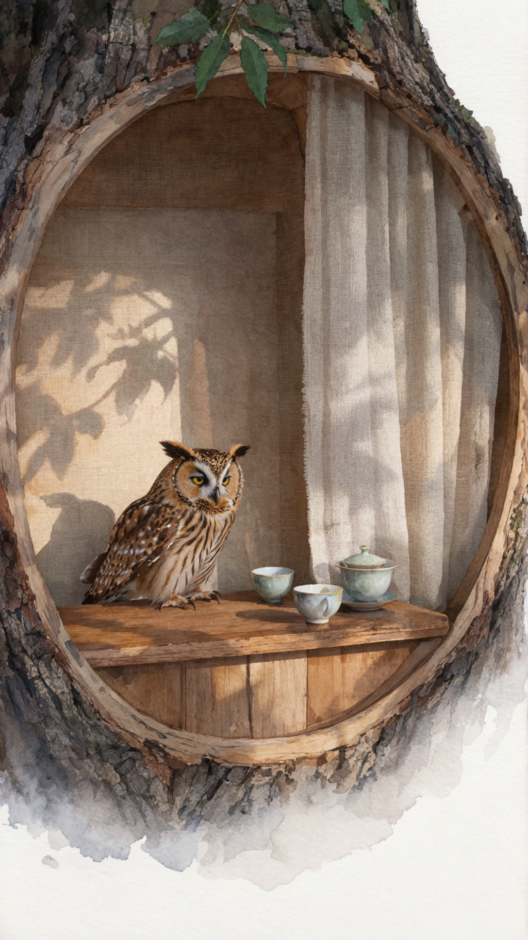 フクロウの茶室 · 水彩手帳 — AI image creation